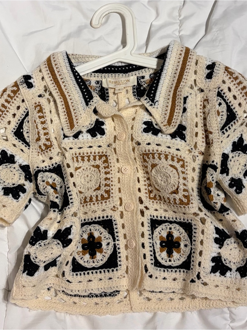 Rebellion Cream Crochet Button-Front Cardigan with Black & Brown Accents
